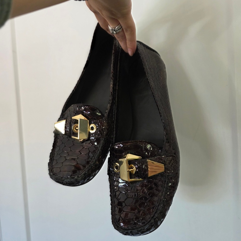 Stuart Weitzman Loafers Brown Snakeskin Gold Buckle Heritage Academia Flats 9.5M